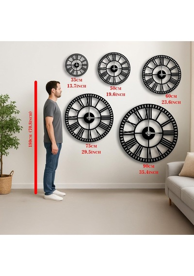 Büyük Romen Rakamlı Duvar Saati - 60 Cm Siyah Metal Açık Yüz Tasarımı - Oturma Odası, Mutfak, Ofis, Ev Dekoru İ Çok Renkli