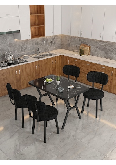 Azra 70x110cm Bendir Mutfak Masası, Mutfak Masası Takımı, Yemek Masası, 4 Siyah Sandalye Siyah