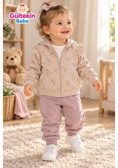 Iggy Flower Desenli 3 İplik Şardonlu Ceketli Üçlü Takım 9-24 Aylık -al126492527 - Bej