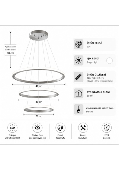 Rizon 3 Lü Led Sarkıt Avize Beyaz Işık Gri