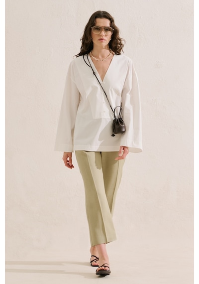 Manuka Poplin Geniş Kol V Yaka Gömlek Ekru Ss26gml00023-01 No