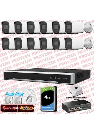 Provzen Hikvision 12 Kameralı 6mp Ip Colorvu 3.0 Güvenlik Sistemi Aı İnsan Araç Algılama Çift Yönlü Ses Ve Işıklı Alarm