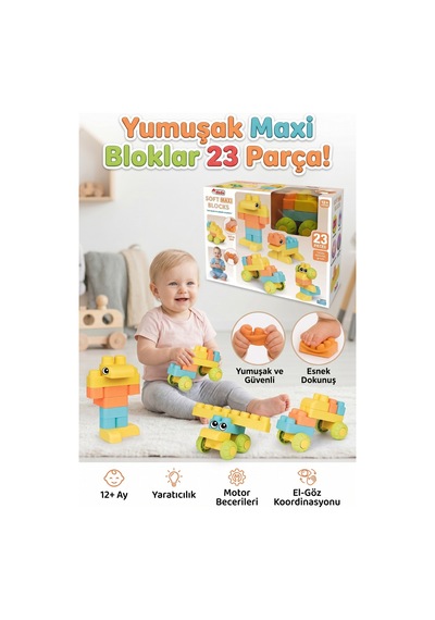Yumuşak Maxi Bloklar 23 Parça - Esnek Güvenli Eğitici Bebek Oyuncağı 12+ Ay