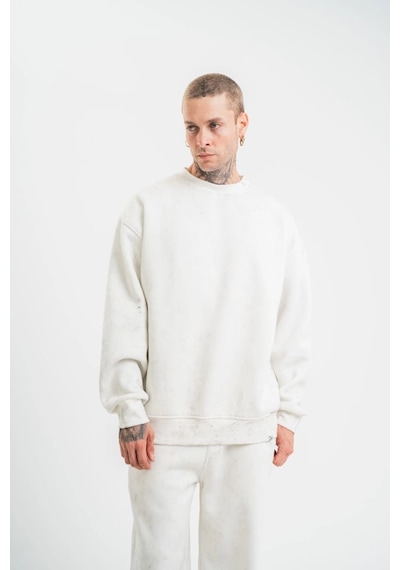 Mbb E-ticaret Erkek 3 İplik Pamuklu Bisiklet Yaka Yıkamalı Sweatshirt - Beyaz