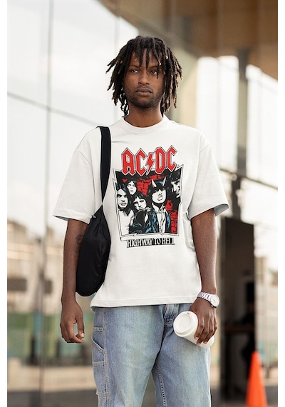 Rock Metal Müzik Grubu Ac Dc Baskılı Unisex Tişört, Oversize High Beyaz