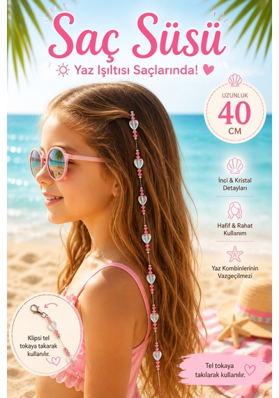 Işıltılı Kalp Boncuklu Pembe Kristalli Çocuk Saç Süsü - 40 Cm Diğer