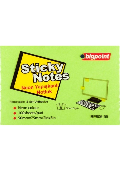 Bigpoint Yapışkanlı Not Kağıdı 75x50mm Neon Yeşil X 12 Adet