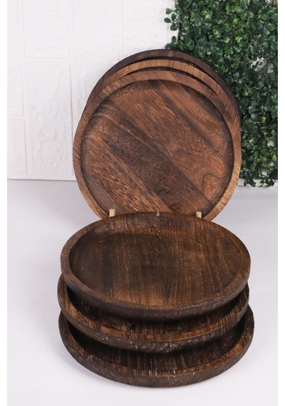 Bambum Patrin Doğal Ahşap Yuvarlak Küçük Tabak 6 Lı Set 25x2 Cm Kahverengi