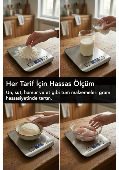 Dijital Mutfak Tartısı - Lcd Dijital Ekran 5kg Kapasiteli Paslanmaz Çelik Yüzeyli Hassas Tartı Gri