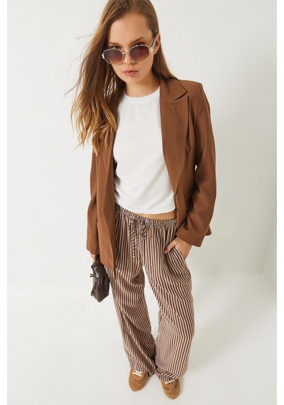 Kadın Vatkalı Astarı Çizgili Çilek Kumaş Blazer Ceket 50178 60283002 - Taba