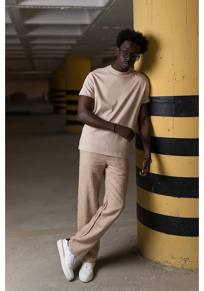 Bisiklet Yaka Lu Basic Oversize Geniş Model T-Shirt Açık Kahverengi
