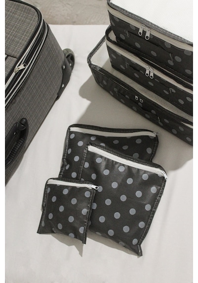 Adarya Home Puantiye Desen Valiz Düzenleyici Bavul İçi Organizer Set 6'lı Gri