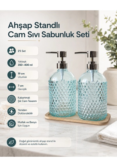Ahşap Standlı İkili Cam Sıvı Sabunluk Seti Çok Renkli