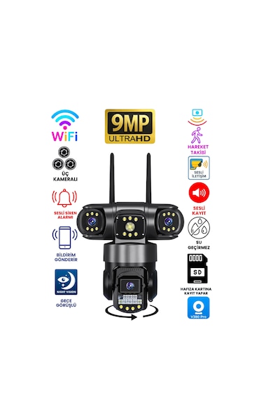 3 Kameralı Wifi Hareket Takipli 9mp Full Hd Güvenlik Kamerası