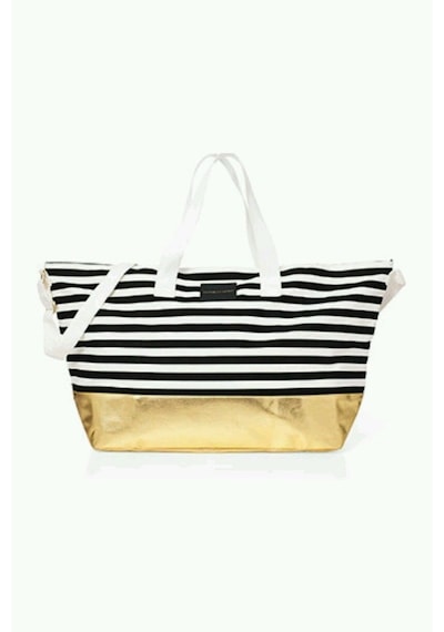 Victoria's Secret Vs Siyah Beyaz Çizgili Gold Taban Askılı Duffle Carryall Tote Siyah