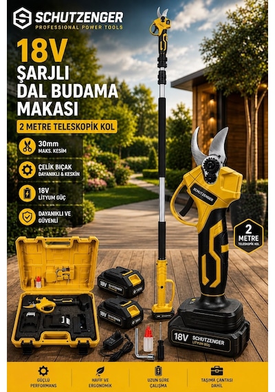 6011h Çift Akülü Şarjlı Dal Budama Makası Çelik Bıçak 30mm Profesyonel 2 Metre Teleskopik Kol Uzatmalı Sarı Germany Pro