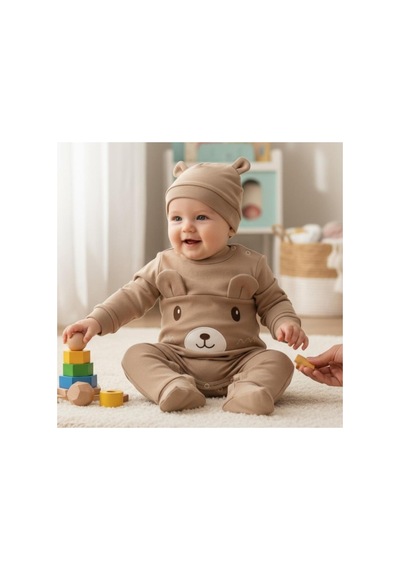 Altıntaş Baby Kulaklı Ayıcık Nakışlı Bereli Erkek Bebek Fitilli Tulum Bej Bej