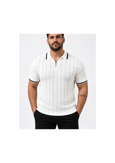 Kıyafet Bayi Erkek Polo Yaka Fitilli Triko Kısa Kollu Tişört Ekru - Beyaz
