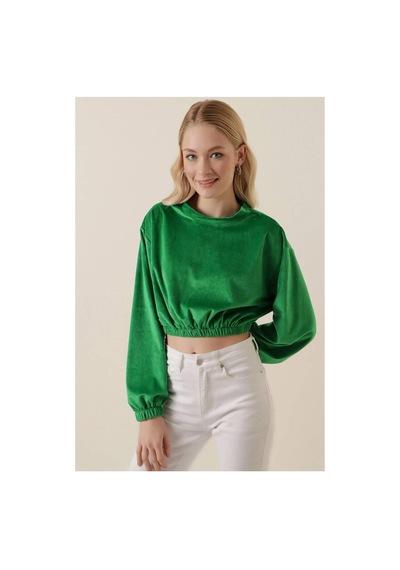 Ckm Moda Amy Kadife Crop Bluz Yeşil