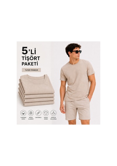 Masion Rae Erkek 5'li Basic Regular Fit Tişört Seti %100 Pamuk Bisiklet Yaka Bej Renk