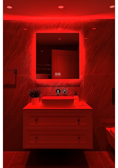 Digital Hayat Buğu Çözücü Dokunmatik Dimlenebilir Kare Ayna Kırmızı Işıklı Led Dekoratif Banyo Makyaj Aynası Kırmızı