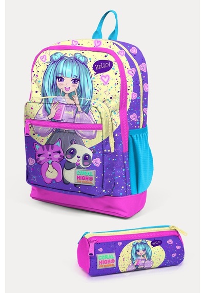 Mor Pembe Anime Kız Desenli Çok Renkli