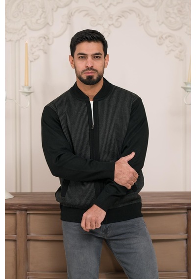 Woolen World Pilot Yaka Fermuar Kapamalı Klasik Kesim Astarlı Desenli Çelik Örgü Hırka Siyah Woolen World Pilot Yaka Fermuar Kapamalı Klasik Kesim Astarlı Desenli Çelik Örgü Hırka Siyah