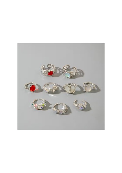 Alise - Gümüş 9 Adet Kristal Taşlı Kırmızı Şık Tasarım Vintage Çoklu Ayarlanabilir Silver Yüzük Seti