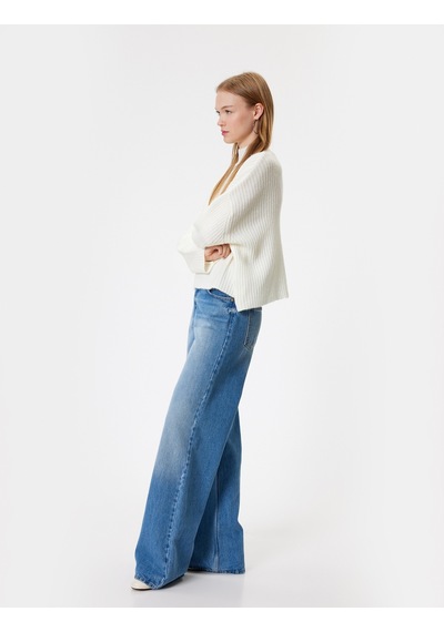 Koton Oversize Triko Kazak Dik Yaka Dokulu Uzun Kollu Ekru 5wal90022ht Ekru