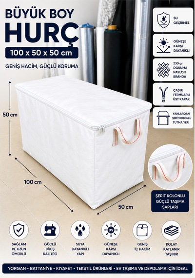 100x50x50 Büyük Boy Hurç Fermuarlı Su Geçirmez Uv Korumalı 230 Gr Dokuma Naylon Branda Beyaz