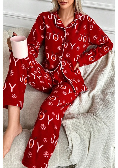 Nisanca Kışlık Yılbaşı Desenli Kadın Gömlek Polar Pijama Takımı- Geyikli Yılbaşı Pijaması Kırmızı