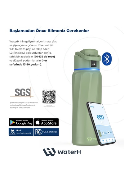 Waterh Boost Akıllı Termos Hidrasyon Takibi Yapan, Yalıtımlı 0.95 L / 32oz Akıllı Şişe Yeşil