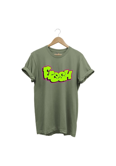 Fresh Graffiti Neon Yazı Baskılı %100 Pamuk Unisex Regular Fit T-shirt Haki