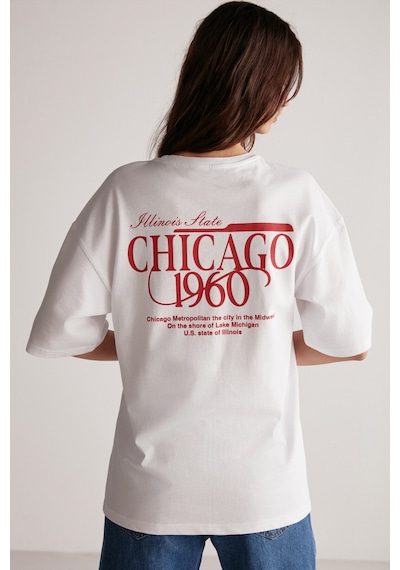 Grımelange Janna Kadın Şehir Temalı Ön Ve Arka Baskı Detaylı Oversize Fit Bisiklet Yaka Beyaz / Kırmızı T-shirt