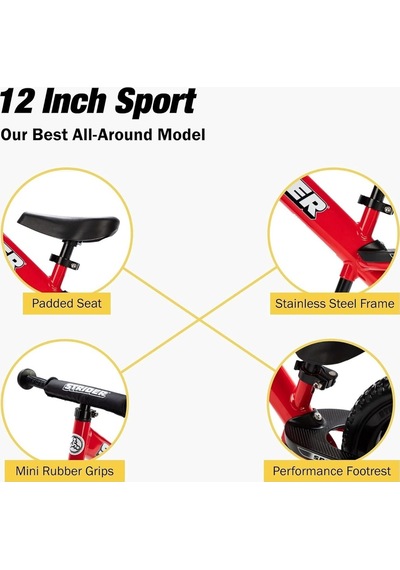 Strider 12 Spor Bisikleti, Kırmızı - 1 İla 4 Yaş Arası Çocuklar İçin Pedalsız Denge Bisikleti - Emniyet Pedi, Do Çok Renkli