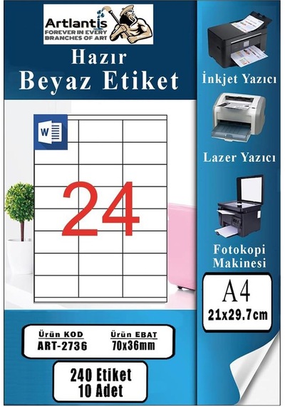 A4 Hazır Etiket 70x36 Mm 10 Sayfa 1 Paket 24 Lü Kendinden Yapışkanlı Fotokopi Lazer İnkjet Kağıdı Yazıcılar İçin Uyumlu