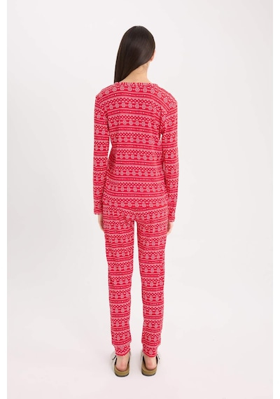 DeFacto Fall in Love Pijama Takımı Waffle Kumaş Uzun Kollu Üst Esnek Belli Uzun Alt D2284AX24WNRD59 Kırmızı