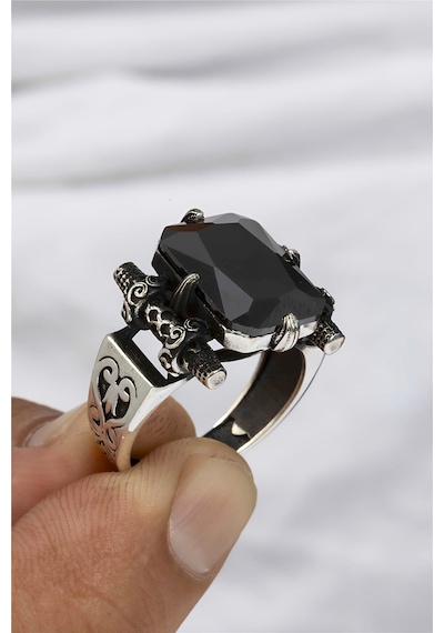 Oniks Taşlı Gotik Model Gümüş Erkek Yüzük -8317 Gümüş