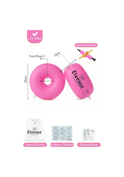 Elvense Çocuk Yüzme Kolluğu Seti 10-30 Kg Pompalı + Taşıma Çantalı Pembe