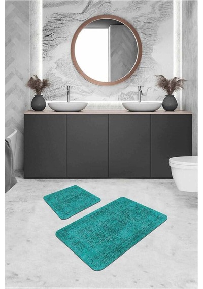 Turkuaz Modern Klasik Banyo Halısı Klozet Paspas Seti Bs240n11