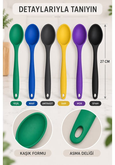 6'lı Set Yeşil Mavi Antrasit Sarı Mor Siyah, Büyük Boy Silikon Kaşık Seti 27 Cm Mutfak Servis Kaşığı