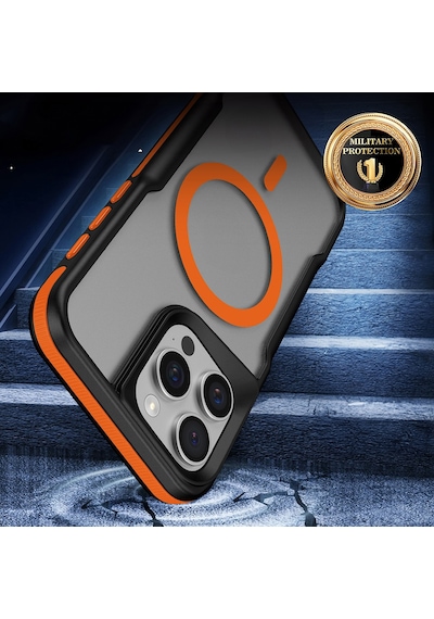 Apple Uyumlu iPhone 14 Pro Max Kılıf M-safe Şarj Özellikli Renkli Kenar Airbag Şeritli Lamer Kılıf Turuncu