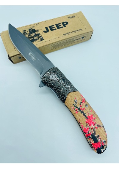 Jeep Ahşap Kasa Çiçek Desenli Kamp Çakı //23cm-0ııııııı0 Kahverengi - Sarı