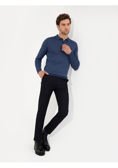 Cacharel İndigo Slim Fit Polo Yaka Basic Triko Kazak Mavi