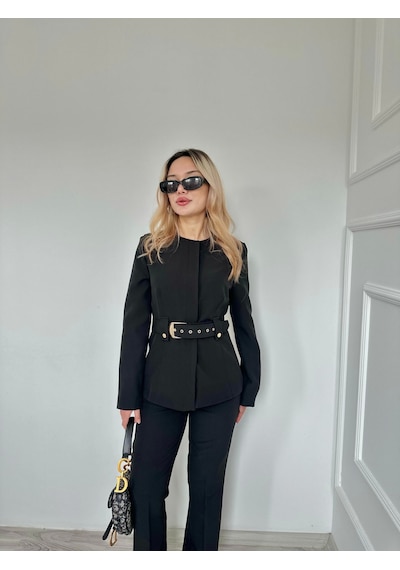 Keymoda Kadın Gold Kemerli Ceket Pantolon Takım Siyah Siyah