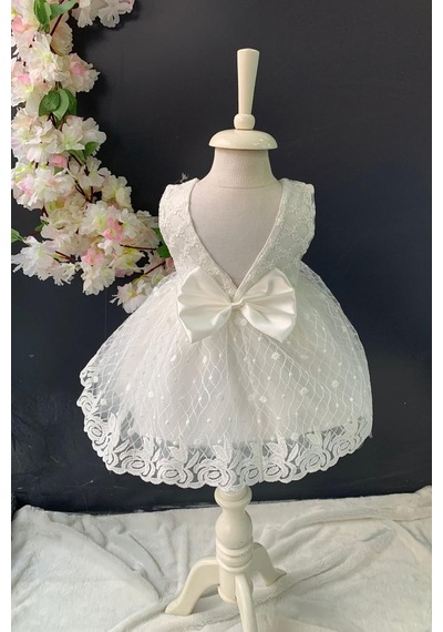 Mnk Baby & Kids Saç Bantlı Papatyalı Dantelli Bebek Elbise Pnpn146 Beyaz