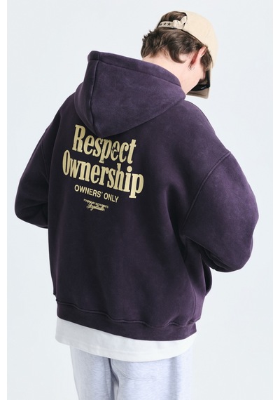 Vamos Boxy Fit Yazılı Kapüşonlu Sweatshirt Mürdüm