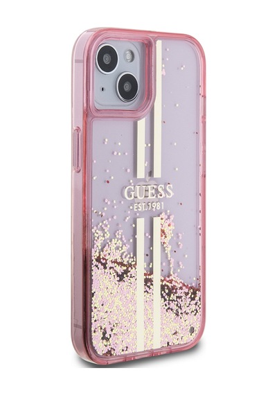 Apple Uyumlu iPhone 14 Kılıf Guess Lisanslı Transparan Sıvılı Simli Altın Çizgili Kapak Pembe