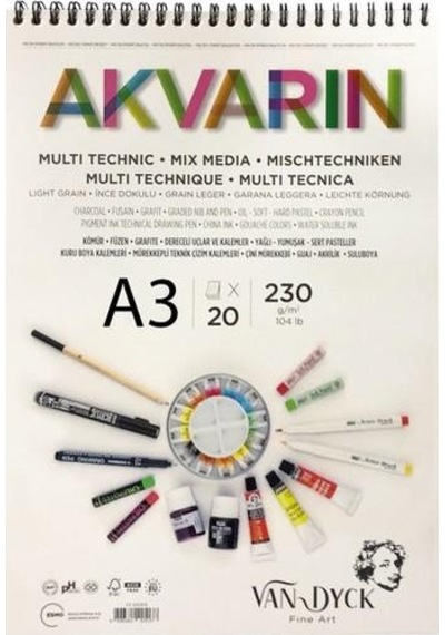 Van Dyck Spiralli Çizim Blok Akvarin A3 230 G 20 Yaprak