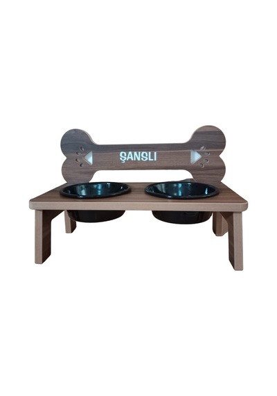 Köpek Su Ve Mama Standı -özel Isim Baskılı-kemik Model-cevizmdf-büyük Irk-seramiksiyahkase-2 1000ml